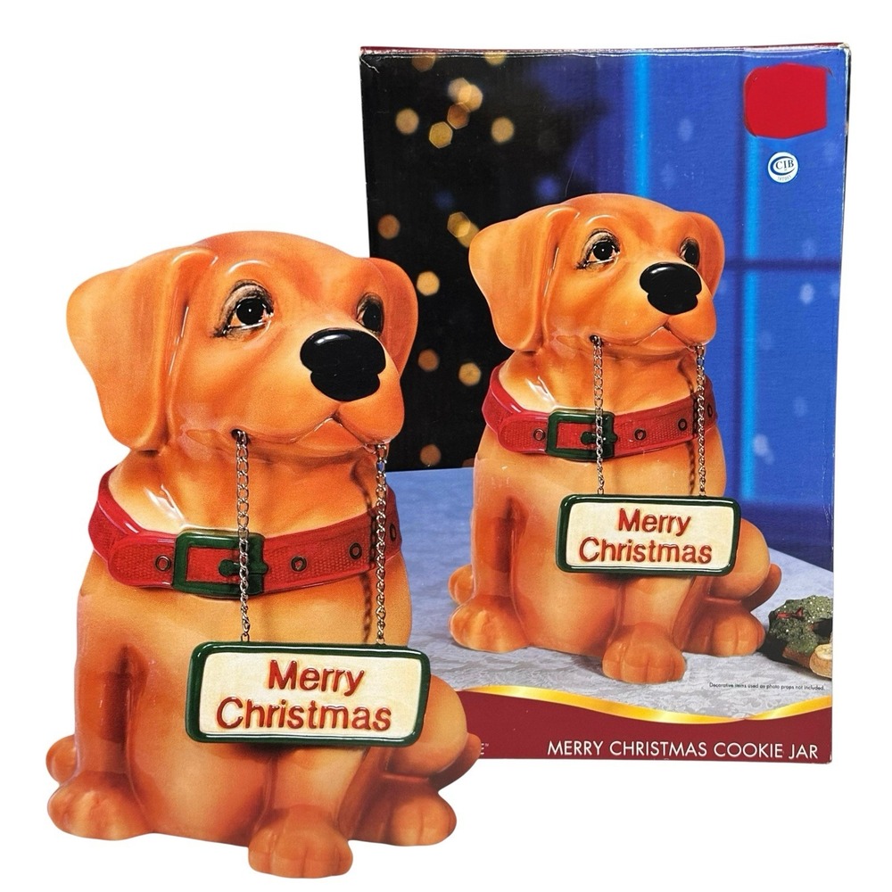 RARE NIB‎ Yellow Lab Merry Christmas Cookie Jar Ceramic Holiday Time Vintage NOS